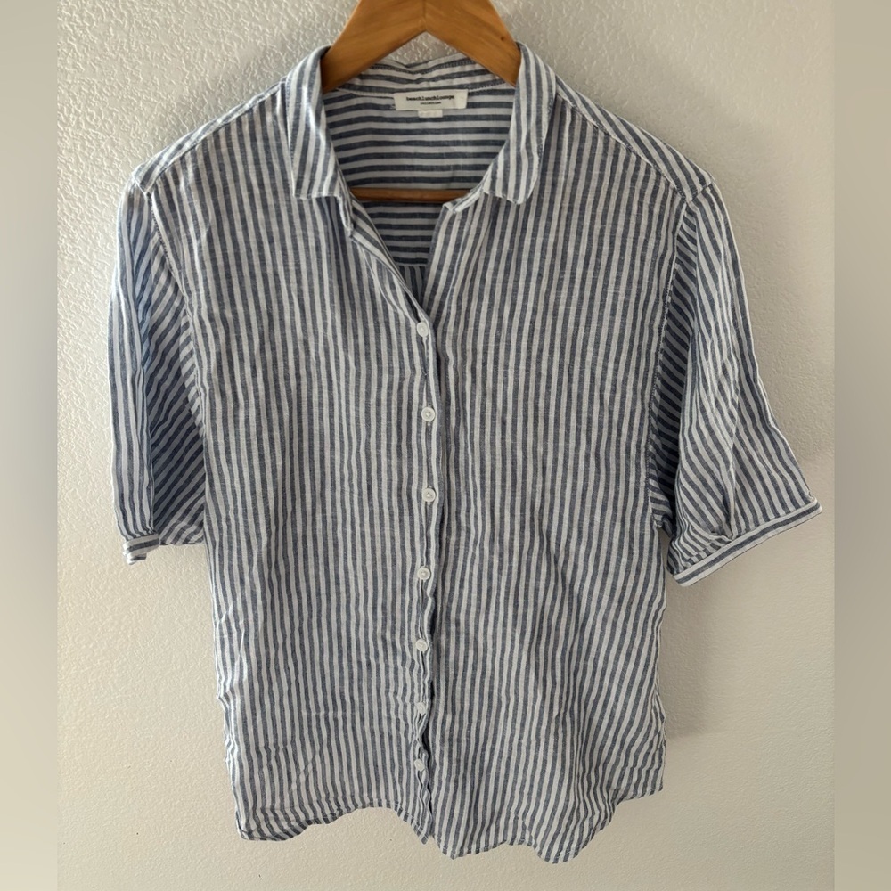 Coastal Aesthetic Navy and White Striped Button up Shirt in size extra small